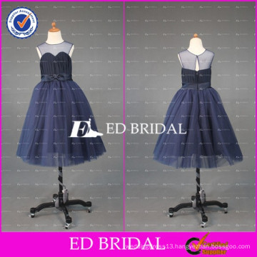 ED Bridal Custom Made Sheer Crew Neck Ball Gown Ankle Length Deep Blue Flower Girl Dress 2017